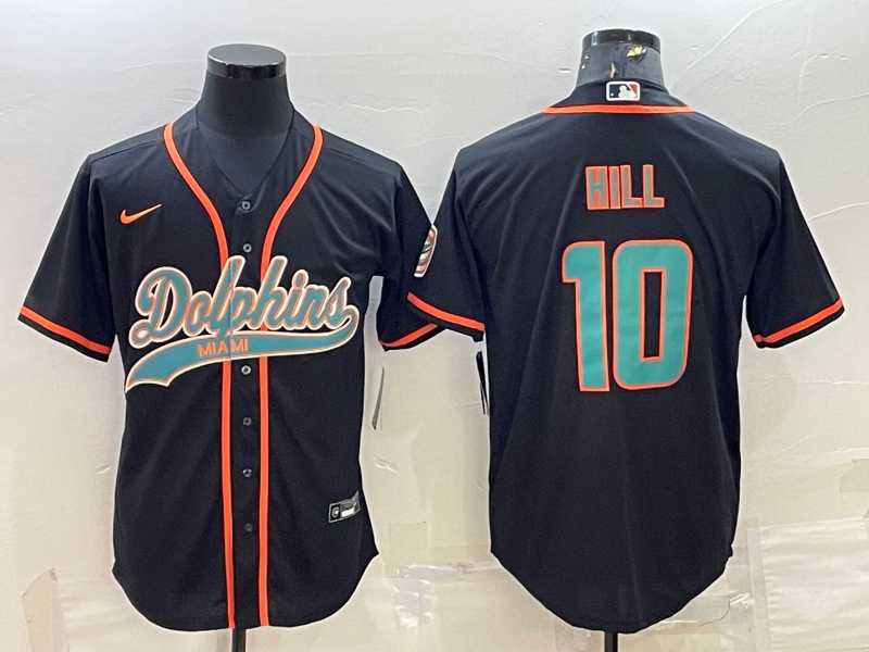 Mens Miami Dolphins #10 Tyreek Hill Black With Patch Cool Base Stitched Baseball Jersey